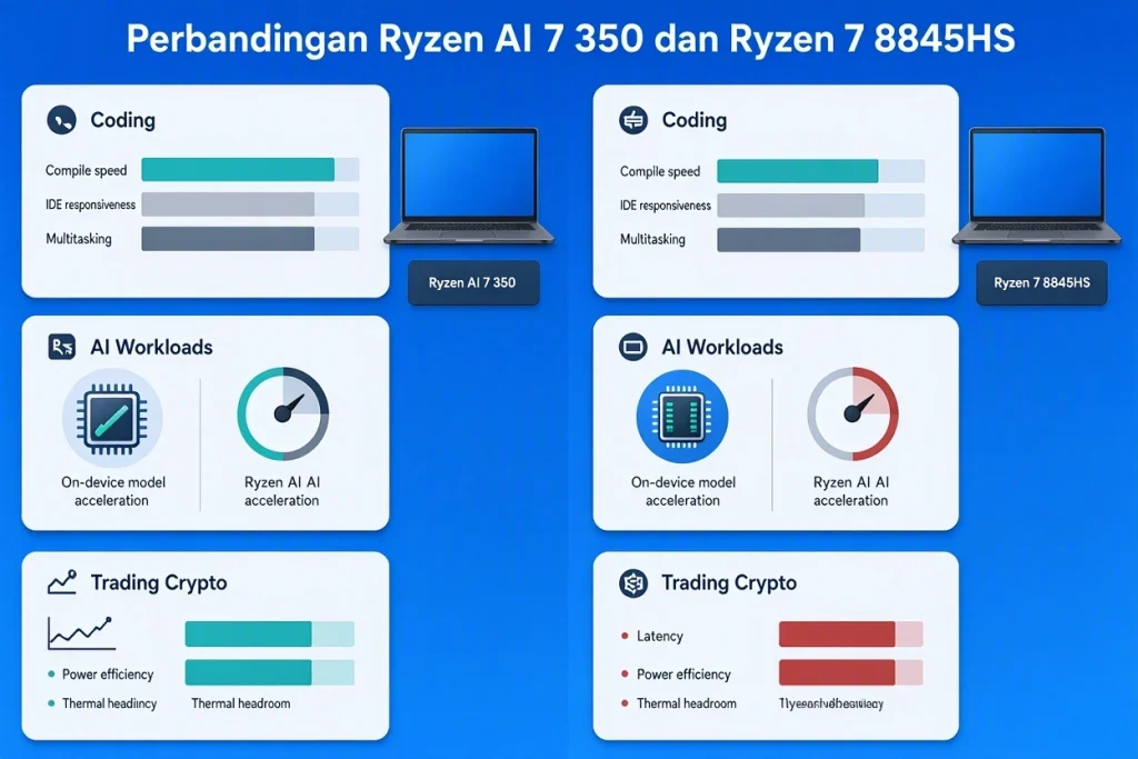 AMD Ryzen AI 7 350 vs Ryzen 7 8845HS untuk laptop AI, coding, dan trading crypto