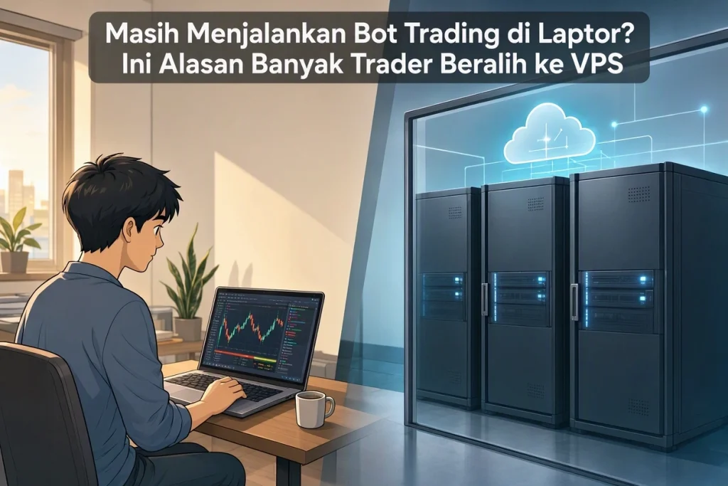 Trader crypto menjalankan bot trading menggunakan VPS selama 24 jam
